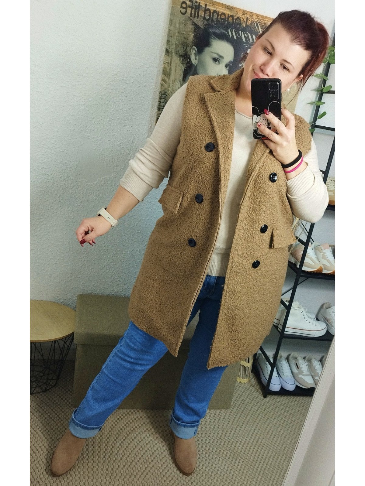 Chaleco largo efecto borreguito camel