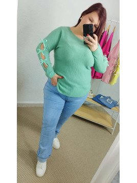 Jersey verde agua con lazadas en mangas