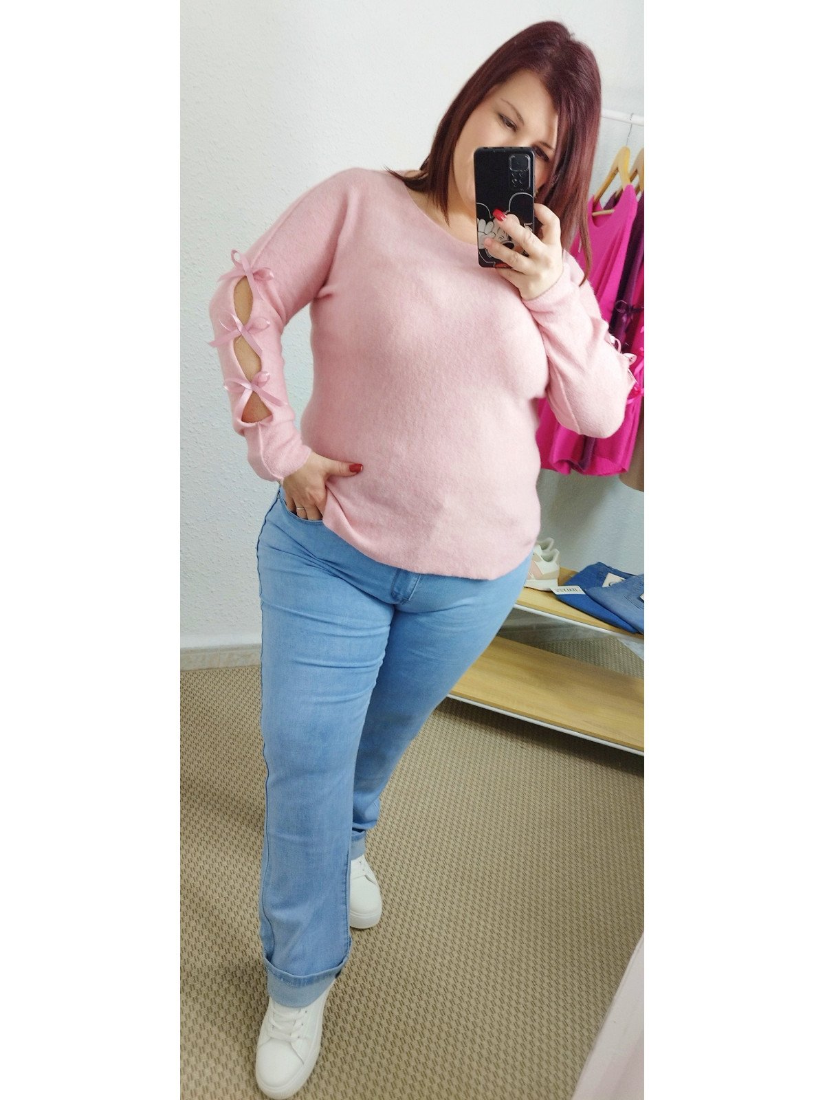 Jersey rosa palo con lazadas en mangas