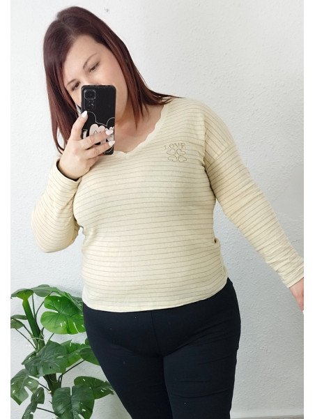 Camiseta manga larga rayas beige