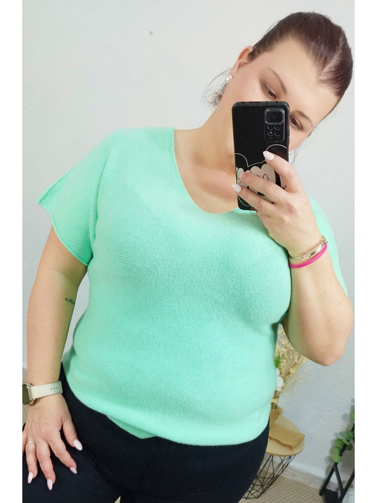 Camiseta verde agua de punto suave cuello redondo