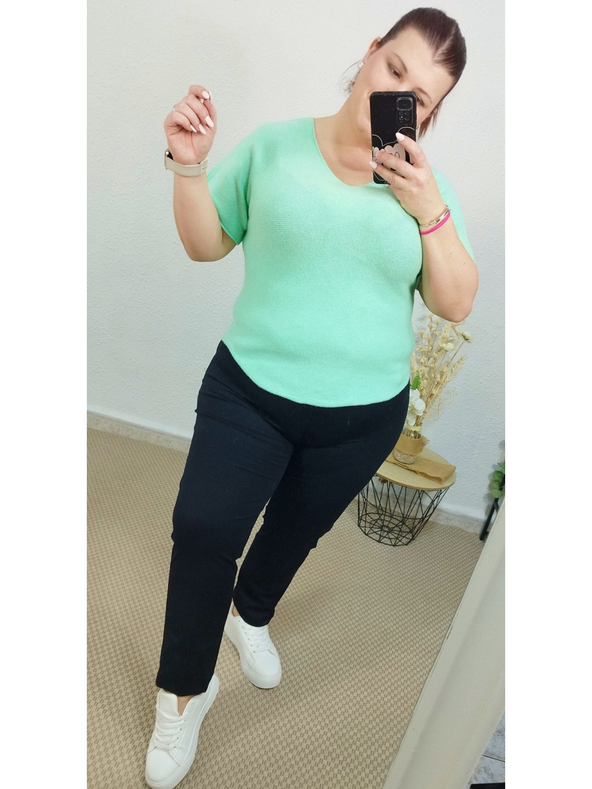 Camiseta verde agua de punto suave cuello redondo