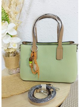 Bolso tote verde pastel con asas camel