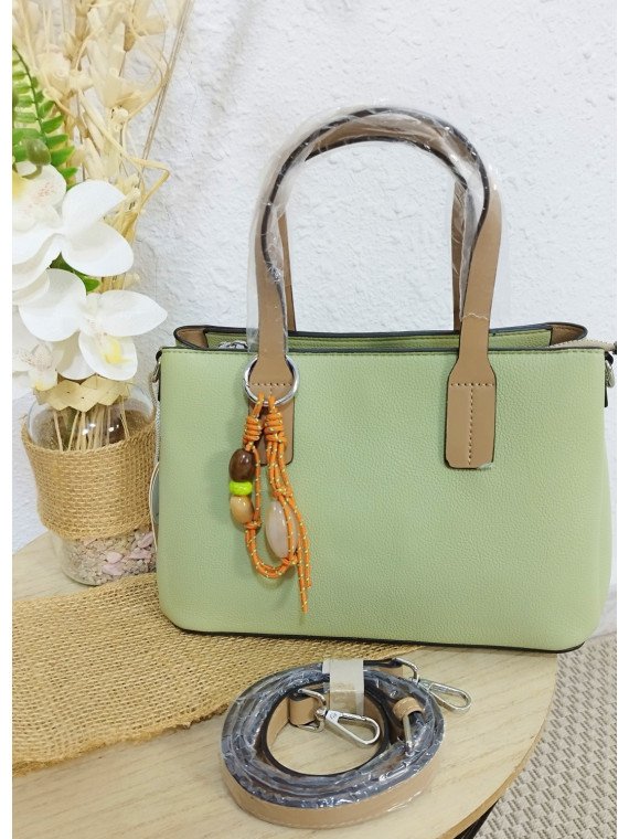 Bolso tote verde pastel con asas camel