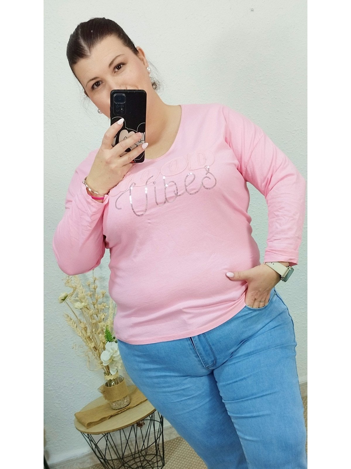 Camiseta rosa manga larga "Good Vibes"