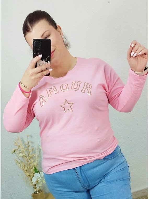 Camiseta rosa “Amour” con detalle brillante