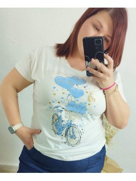Camiseta blanca con estampado bicicleta azul
