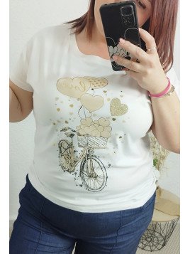 Camiseta blanca con estampado bicicleta beige