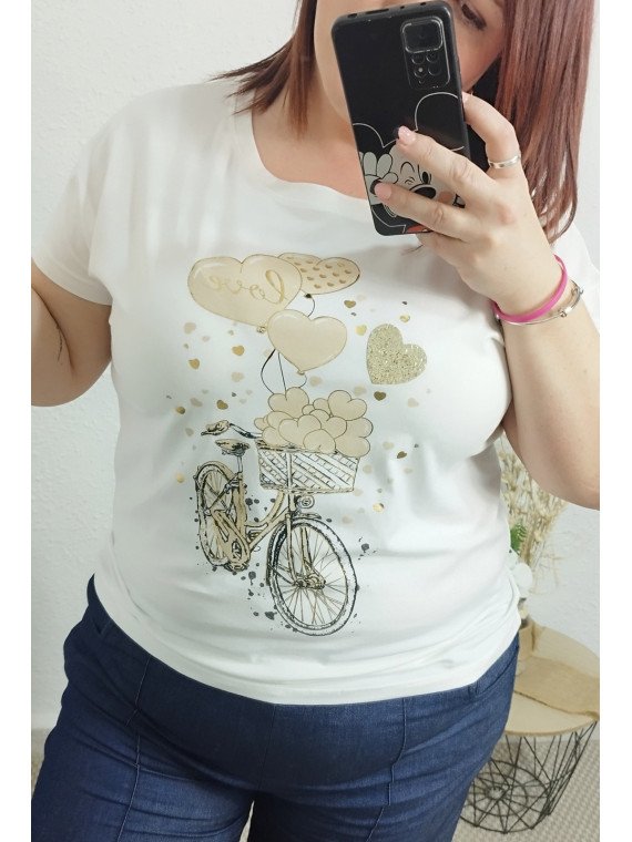 Camiseta blanca con estampado bicicleta beige