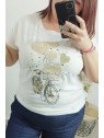 Camiseta blanca con estampado bicicleta beige