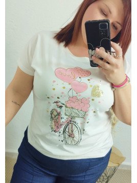 Camiseta blanca con estampado bicicleta rosa