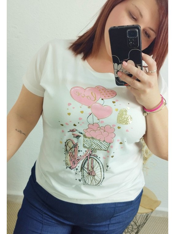 Camiseta blanca con estampado bicicleta rosa
