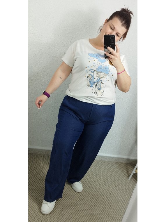 Pantalón Efecto Piel Azul Recto de Tiro Medio