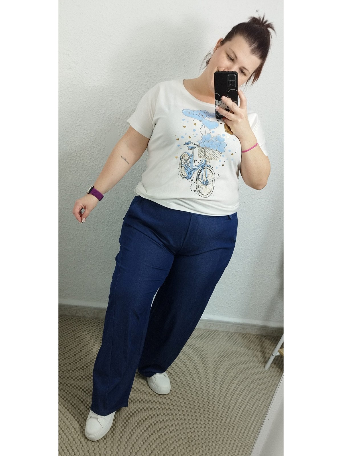 Pantalón Efecto Piel Azul Recto de Tiro Medio