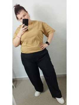 Pantalón Efecto Piel Negro Recto de Tiro Medio