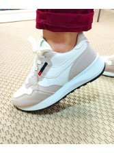 Zapatilla Casual Blanca y Beige con Suela Ancha