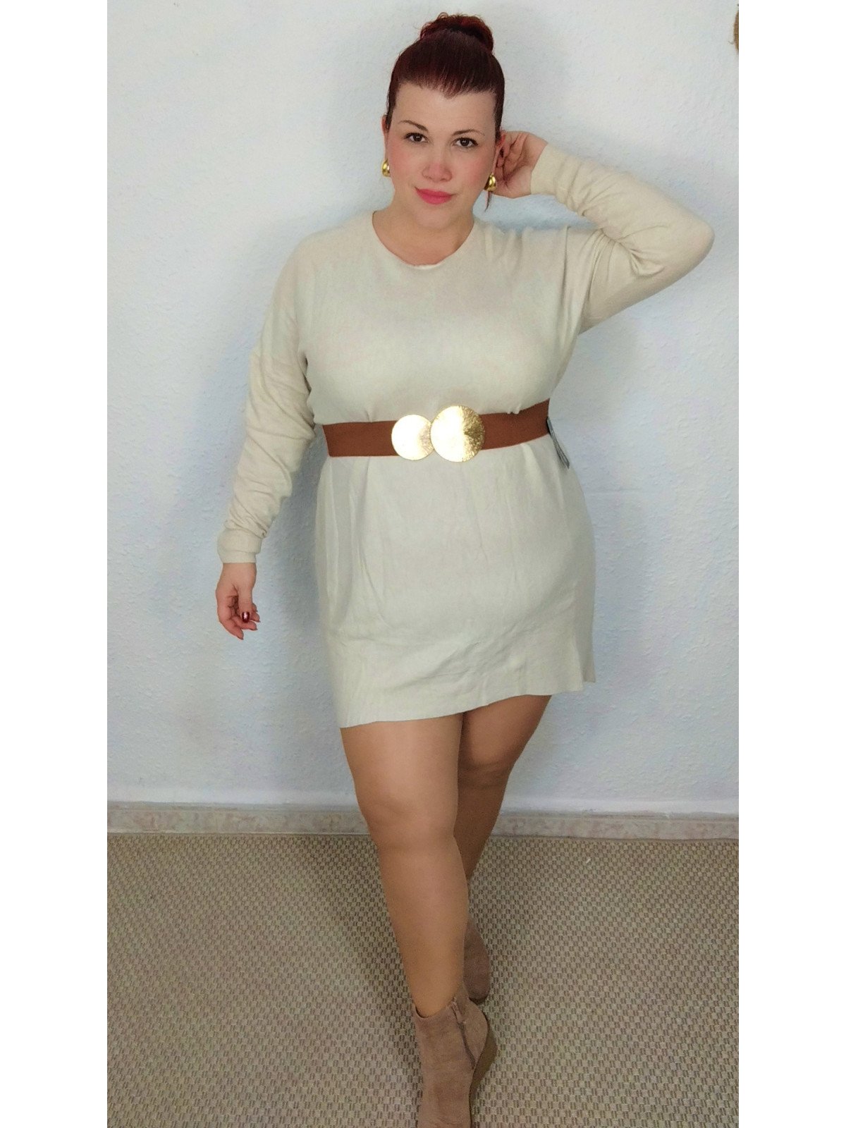 Vestido de Punto Manga Larga Beige