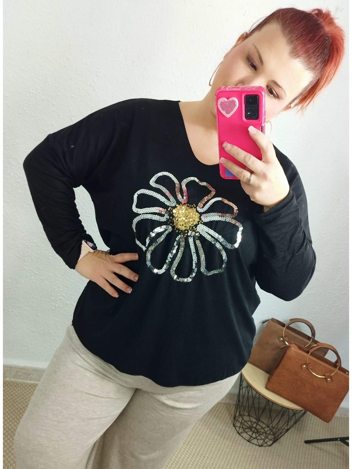Jersey punto flor negro