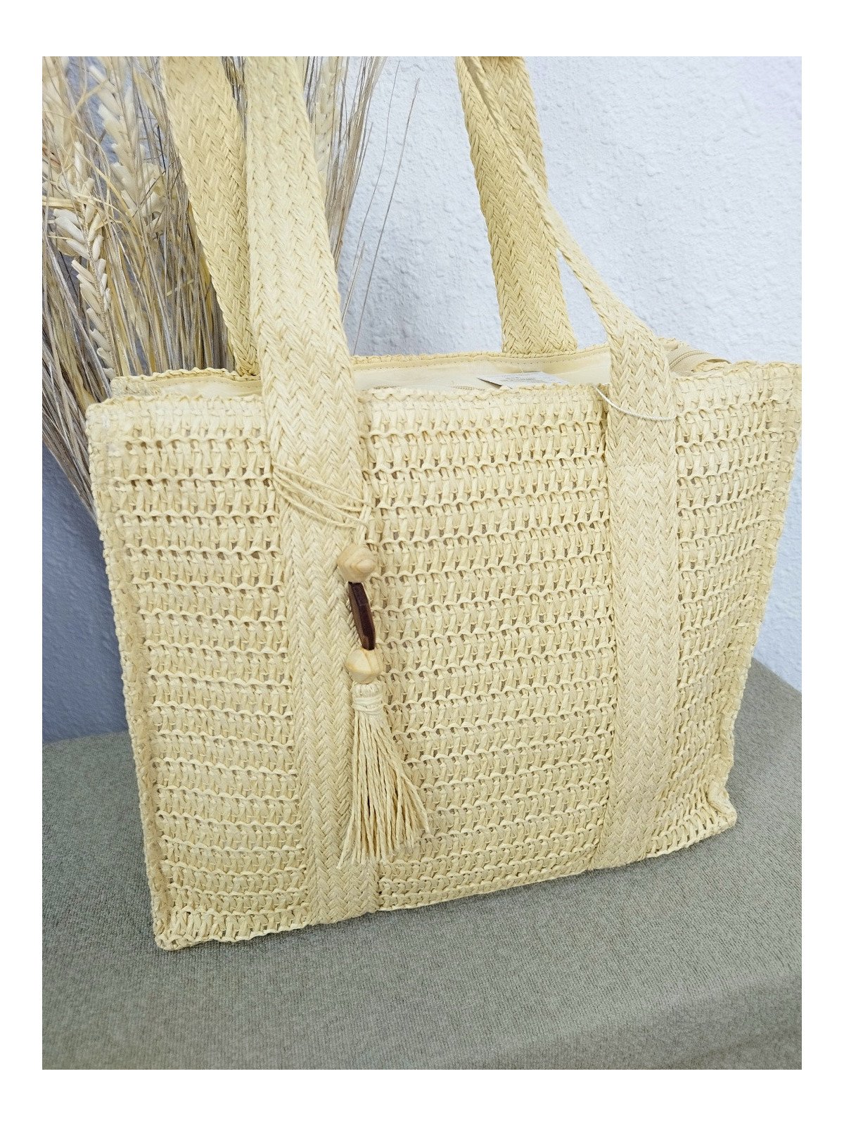 Bolso de Rafia Cuadrado Color Beige