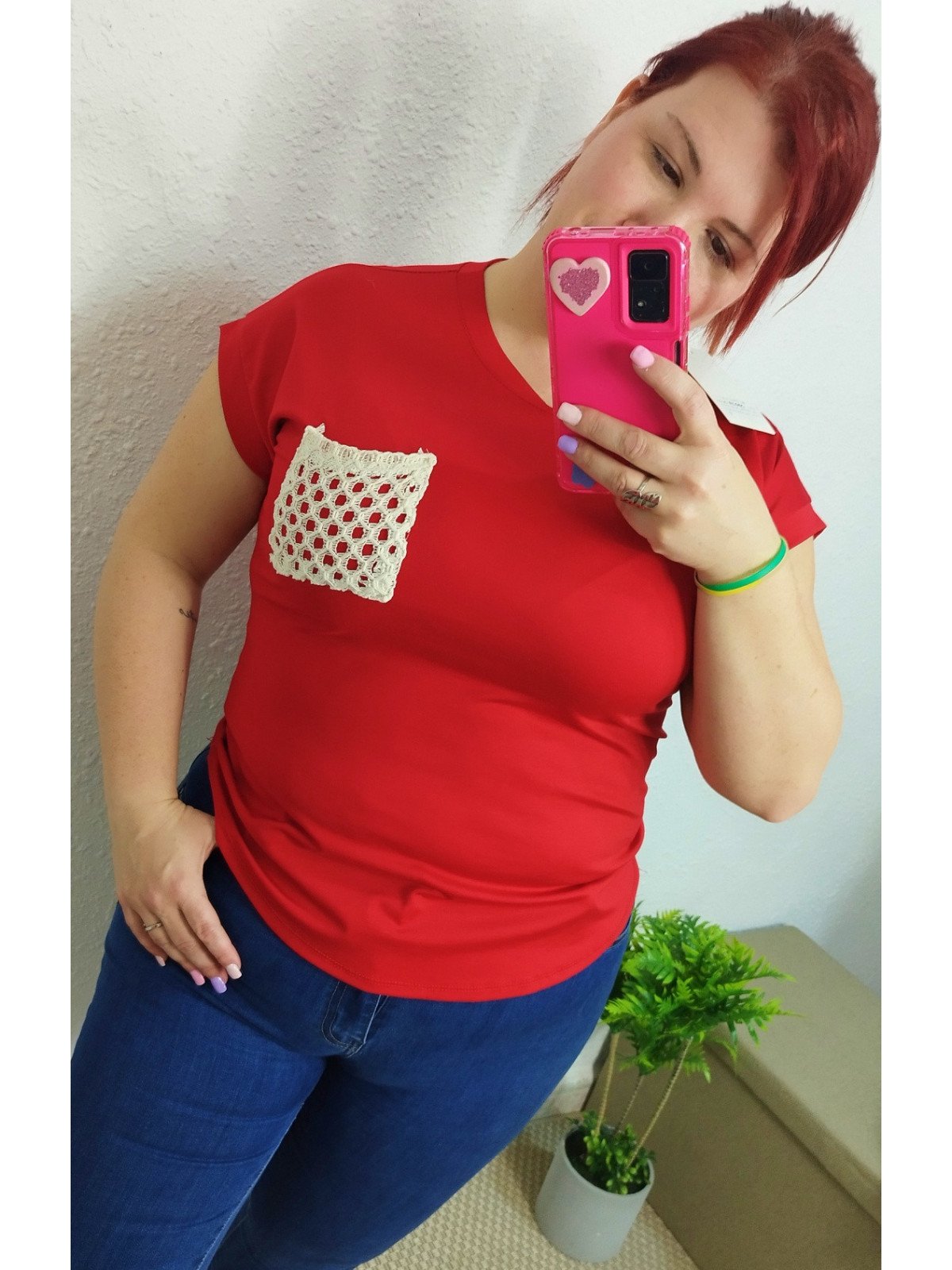 Camiseta Manga Corta Roja con Bolsillo