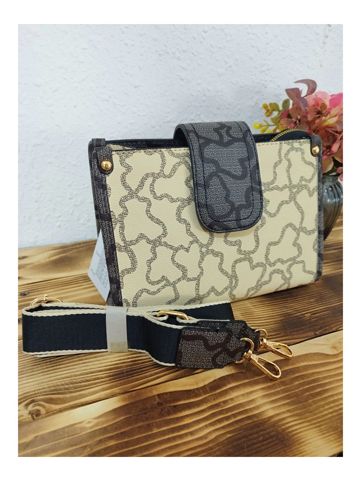 Bolso Bandolera Negro y Beige Estampado