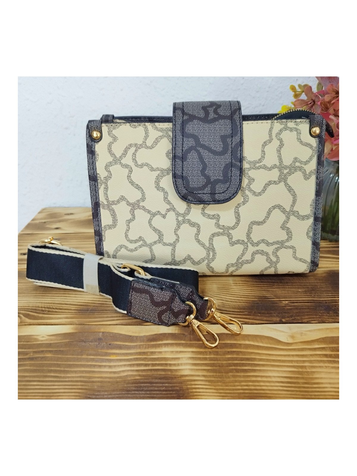 Bolso Bandolera Negro y Beige Estampado