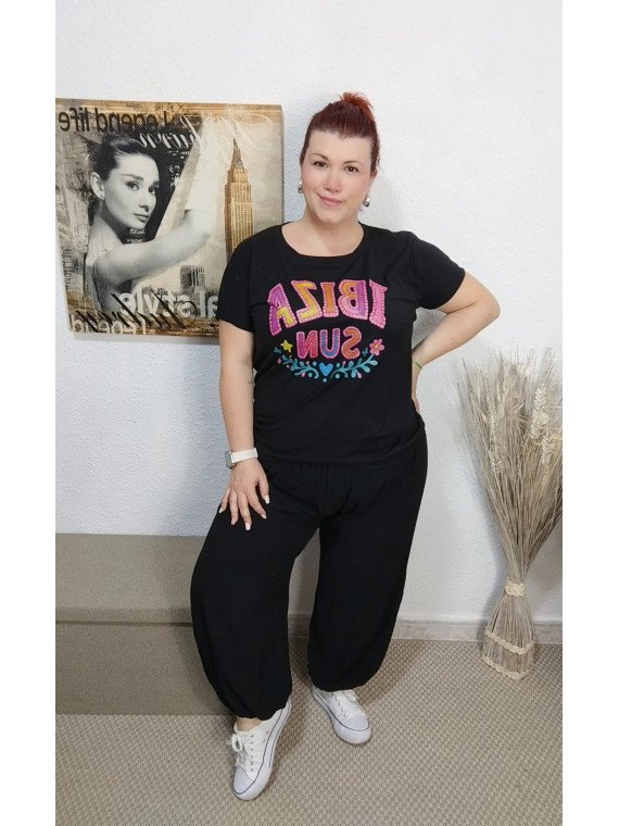 Camiseta Negra de Algodón con Estampado Ibiza Sun