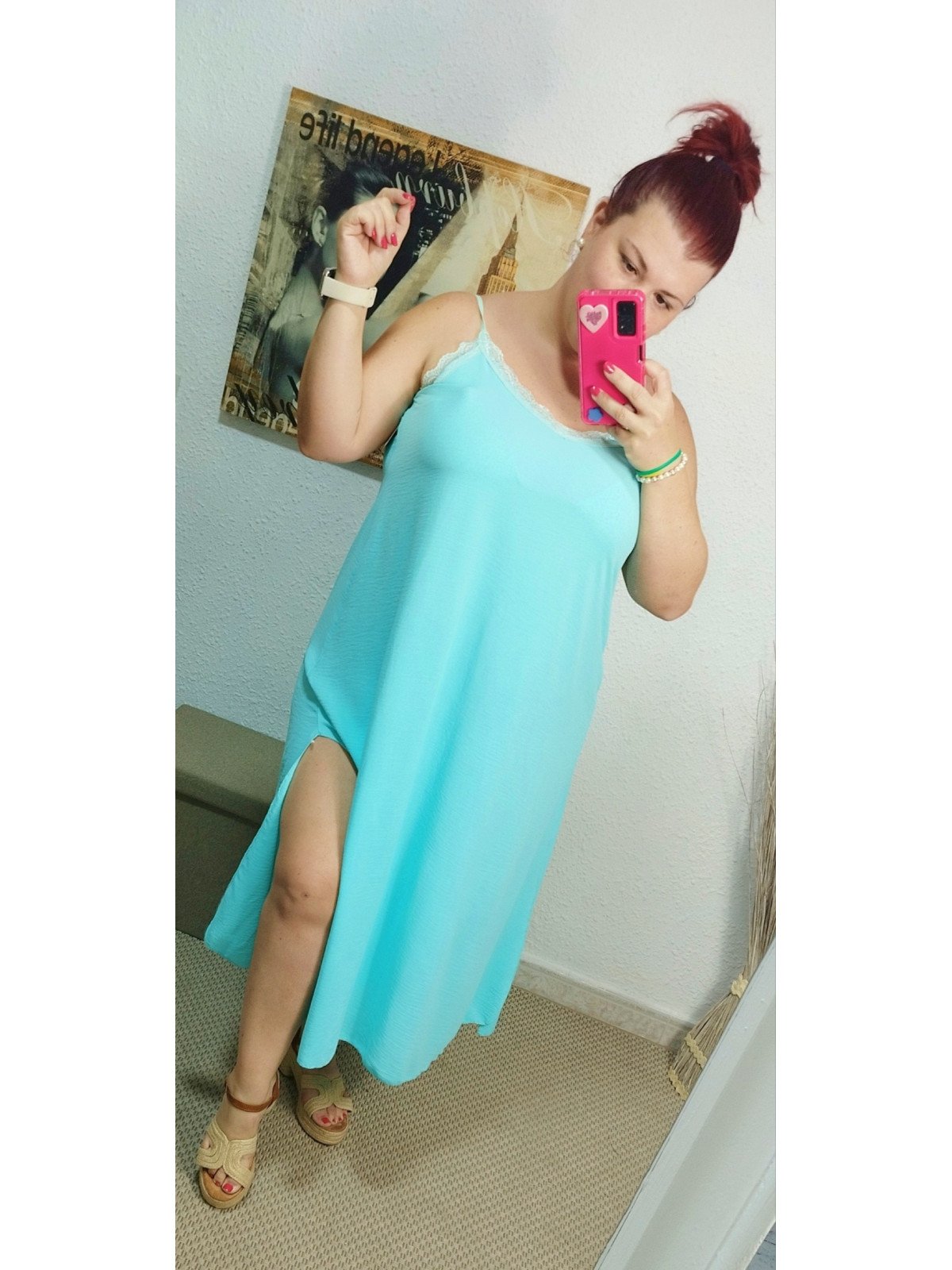 Vestido lencero turquesa con encaje